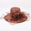 Fashion Summer Organza Beach Hats For Women Elegant Ladies Sun Hat Large Wide Brim Church Kenducky Wedding With Big Flower 240320