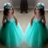 Robes de filles de fleur vert turquoise mignonnes robes d'anniversaire spaghetti bretelles cristal perlé tulle robes de reconstitution historique pour filles3035