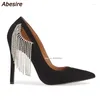 Dress Shoes Black Tassel Rhinestone Pumps Autumn Pointed Toe Stiletto 8cm/10cm Shallow Mouth All-Match Banquet Party Dance Female