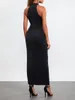 Vestidos casuales sin mangas maxi otoño primavera 2024 mujeres sólido negro simulacro cuello sexy bodycon vestido streetwear