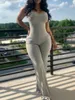 LW印刷されたソリッドカラーサスペンダージャンプスーツ女性ラウンドネックスリーベルジャンプスーツfi基本的なカジュアル服d2ag＃