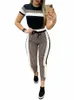 Set di pantaloni con coulisse a maniche corte in nastro a righe scozzesi colorblock Set Set di due pezzi casual da donna di base S94s #