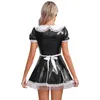 Womens Wet Look Patent Couro Manga Curta Puff Maid Dr com Apr Set Adulto Halen Cosplay Party Fancy Dr Outfits W7XP #