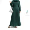 Robes décontractées Robe de satin monochrome pour femmes musulmanes Col rond Manches longues à lacets Élégant Slim Fit Printemps et été Mode