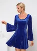 Robes décontractées Tempérament élégant velours pour femmes hiver solide à manches longues bleu mini robe femme fête discothèque robe robe