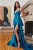 Party Dresses Sequined Beaded Prom Lace Applique V Neckline Spaghetti Strap Sleeveless Mermaid Long Slit Formal Evening Gowns