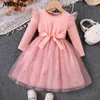 Mini Girls Party Dresses Birthday Costume Long Sleeve Stars Mesh Princess Pink Dress for Children Clothing Kids 240325