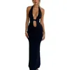 Casual Dresses Women Summer Long Bodycon Dress Sleeveless Backless Solid Color Tie-up Halter Neck Deep V-Neck Cocktail For Party Club