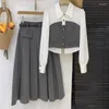 작업 드레스 Neploe Korean Fashion Lapel Neg Long Sleeve Tops Women Y2K High High Waist Ruched Skirts 2024 Spring Black Two Piece 세트