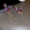 Charm Crystal Heart Earrings for Women Purple Bow Pendant Drop Earring Temperament Rhinestone Tassel Smycken Kvinnlig bröllopspresent Y240328