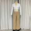 Wefads 2 -stycken Set Women Office Casual Solid Laple LG Sleeve High midjan Single Butt Shirt Loose Wide Ben Pants Set Set Female L8FP#