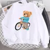 Automne femme pull un ours en peluche portant un pull et faisant du vélo imprimer sweat à capuche polaire doux sweat ample dessus chaud 607G #