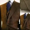 Grey Herringbe Zimowy garnitur dla mężczyzn wełna tweed szczupły fit formalny groom ślub smoking 3 sztuki