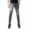 Motorrad Jeans Männer Stretch Dünne Dünne Patchwork Street Hip Hop Denim Hosen Hohe Qualität Männer Hosen Gestreiften Vintage W9PN #