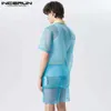 Męskie koszulki 2023 Zestawy mężczyzn Mesh Patchwork Transpare Lapel Short Shirt Shorts 2PCS Modna odzież Streetwear Sexy Men Suits S-5xl24328