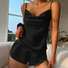 Ensemble de pyjama en satin solide col en V Cami Top ceinture élastique Shorts vêtements de nuit pour femmes vêtements de détente m0iJ #