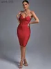 Podstawowe sukienki swobodne krystalicznie bandaż sukienki Kobiety czerwony bodycon wieczorna impreza elegancka seksowna szyja kantarka midi urodzinowe stroje 2022 Summer New YQ240328