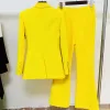 FI Women Suits Slim Fit 2 Piece Yellow Peak Lapel One Butt Blazer Prom Party Office Lady Outfits Jacket Flare Pants Set S3SZ#
