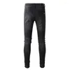 Jeans pour hommes AM Fashion Brand Skinny Casual Ripped Patch Slim Pantalon Hip Hop Noir Lavage Droit Coton Mendiant Denim Pantalon