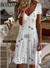 Kadın Gündelik Elbise Yaz Bitkisi Çiçek Baskı V Boyun Midi Vintage Günlük Kısa Kollu Gevşek Artı Beden Elbiseler 6xl Sundress 240325