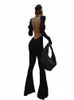 Cutenew Solid Black Sexy Backl Bodyc Wide Leg Комбинезон Женский Осенний Повседневный Тонкий LG с рукавами и круглым вырезом Комбинезон Lady Streetwear r2bx #