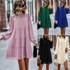 Sıradan Elbiseler 2024 İlkbahar Yaz Kadın Yuvarlak Boyun Uzun Kollu Giyin Elbise Basit Düz Renkli Kadın Vestidos