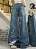 Kvinnors jeans ueteey kvinna denim byxor chic mopp målade y2k tvättade höga gator breda ben förlorar mode full längd byxor