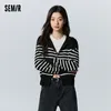 Semir Sticked Cardigan Women Hooded Loose Versatile 2023 New Winter Black and White Striped Sweater Cardigan Q29a#