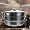 Double Boilers Stainless Steel Steamer Pot With Glass Lid Metal Stockpot Three Layer Boiler Steaming Cookware Vegetable