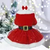 Cão vestuário durável pet vestido brilhante malha festiva glitter santa traje com hairband para o natal pos fácil