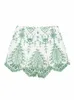 trafza Summer Fi Embroidered Women's Casual Shorts Retro Green Hollow Out Irregular Hem High Waist Shorts Women's Shorts j0Hn#