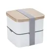 Stoviglie Bento Box in stile giapponese a doppio strato con cinturino in legno, pranzo quadrato, grande capacità, può essere scaldato al microonde