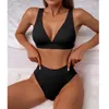 Damenbadebekleidung 2024 Sexy V-Ausschnitt Rippen Bikini Hohe Taille Badeanzug Frauen Solide Push Up Weibliche Badeanzug Set Beachwear