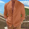 100% pur coton lin vente chaude fi hommes lg chemise à manches couleur unie col montant style décontracté hommes S-3XXL z6B6 #