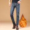 Winter Thermal Warm Flanell Stretch Jeans Mens Mens Winter Quality Famous Brand Fleece Pants Straight Flocking Trousers Denim Jean 13Z1#