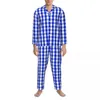 Hemkläder blå och vit checkerboard pyjamas set retro pläd kvadrat varm sömnkläder män långärmad avslappnad fritid 2 stycken nattkläder