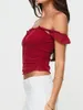 Women's Tanks Summer Slim Fit Tops Short Sleeve Off Shoulder Solid Color Tie Up Mesh T-shirt
