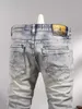 Fi Streetwear Men Jeans Retro Wed Light Blue Stretch Slim Fit Ripped Jeans Men Patched Vintage Designer Denim Pants J6f1＃