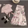Floral Print Women T Shirt+mesh Skirt Suits Bowknot Vintage Two Piece Sets Elegant Woman Skirt 2019 Summer Girl Tees Tops Female 642