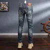 FI designer män jeans retro mörkblå stretch elastisk smal fit rippade jeans män italiensk stil vintage denim byxor hombre f8vq#