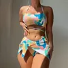 Kvinnors badkläder sexig bikini 2024 Kvinnor 3 stycken baddräkt geometri tryck push up criss cross kjol baddräkt hög midja bikinis