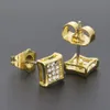 3 rad Micro Pave Bling Square Stud örhängen för män Kvinnor Guldpläterade isade ut kubiska zirkoniume CZ Stone Screw Back Earrings Gift NE225F