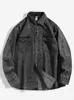 2023 Ny denim Cott Men's Shirt LG Sleeve Black Blue Drop Shoulder Butt Pockets Cowboy Loose Casual Work Jeans Shirts Q7W5#