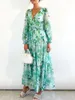 Casual Dresses Summer Women Flowy Long Dress Elegant Flower Print V Neck Sleeve Boho Low Cut Loose Fit Beach