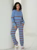 Pantalon femme 2 pièces tenues en tricot ensembles rayé à manches longues pull pull haut jambe large décontracté assorti salon