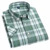 Chemise d'été décontractée à manches courtes en lin à carreaux pour hommes, coupe classique, col boutonné, confortable, chemises à carreaux à rayures douces P3y7 #