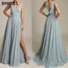 Sexy V-neck Side High Slit Prom Dress Classic Lace Appliques Evening Gown Elegant A-line Long Cocktail Dresses Robe