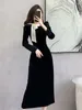 Casual Dresses French Sle Puff Sleeve Velvet Dress Round-neck Bow Bubble Slimming Long Elegant Vintage 2024 Spring
