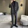 Осень Зима Шерсть Мужчины Двубортный Slim Fit Повседневные Костюмы Наборы Блейзер Брюки Мужской Корейский Уличная Одежда Офис Fi Куртка Брюки 04HW #