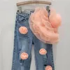 Jeans pour femmes Mode 3D Décoration florale Taille haute 2024 Printemps Produits européens Pantalons à jambes larges droites pour femmes